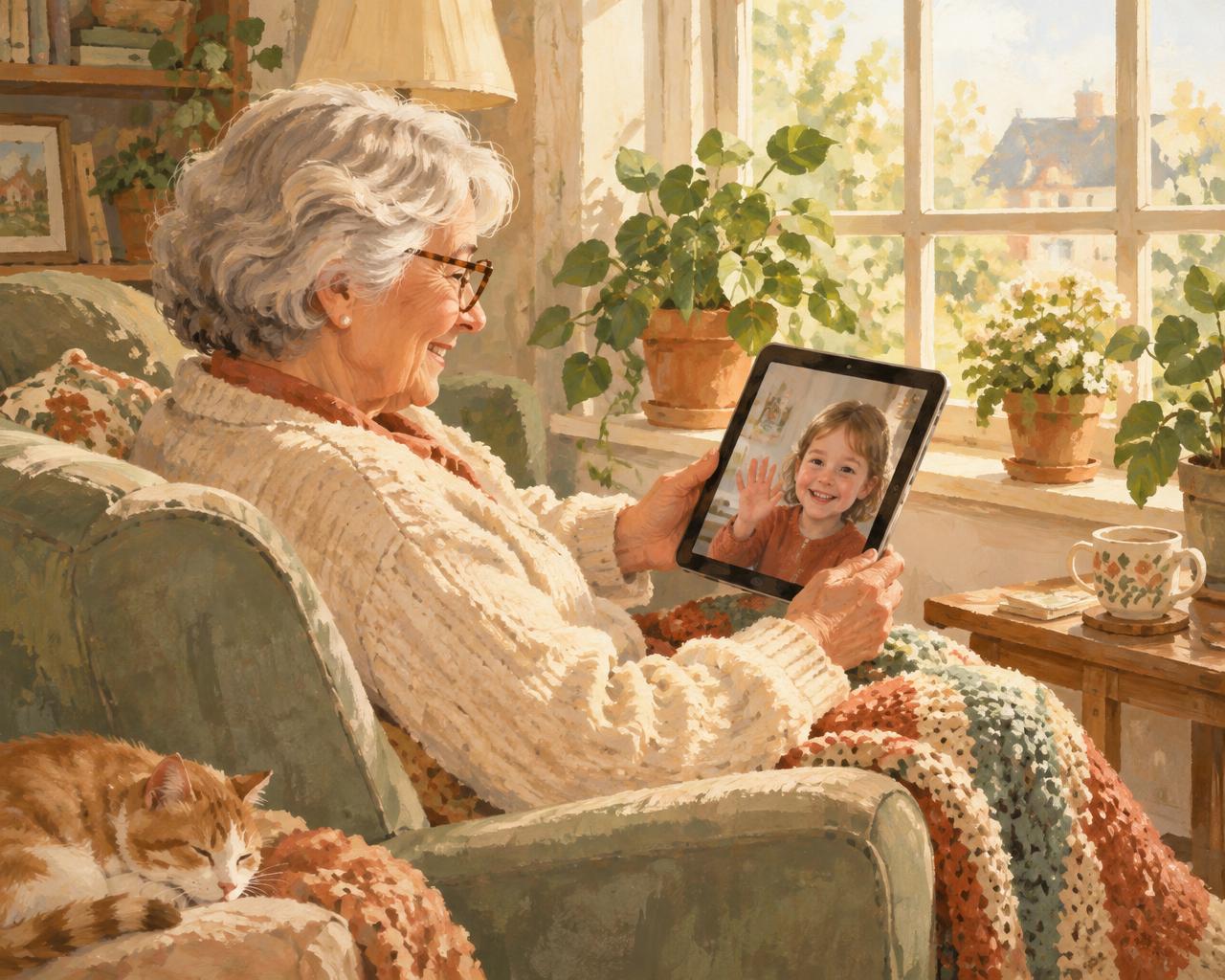 An older woman smiling at a video call with her grandchild