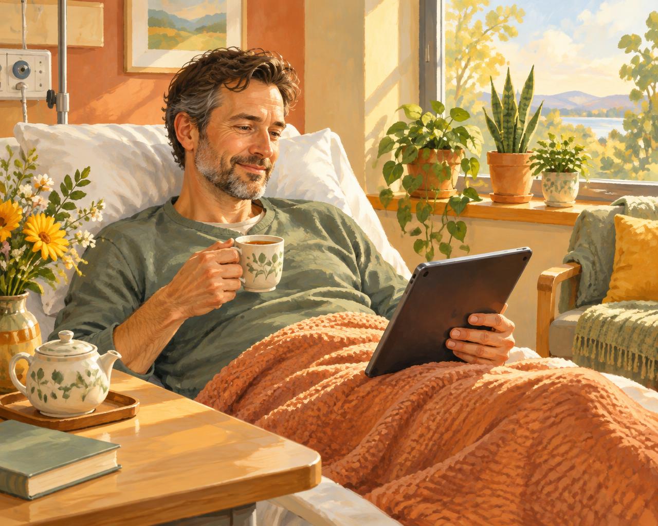 A man resting with tea, reading a story on a tablet