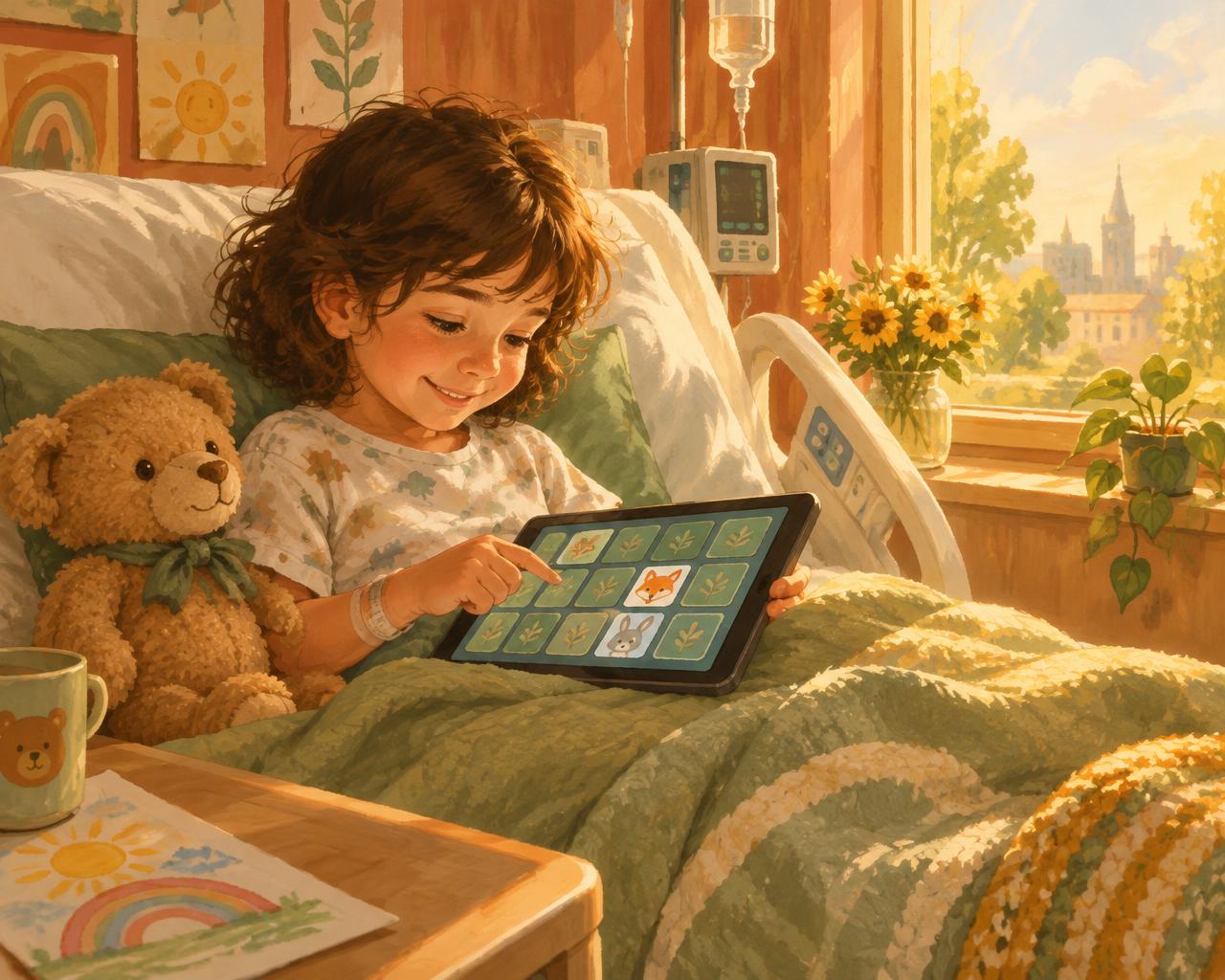 A smiling child in a hospital bed playing a memory game with a teddy bear