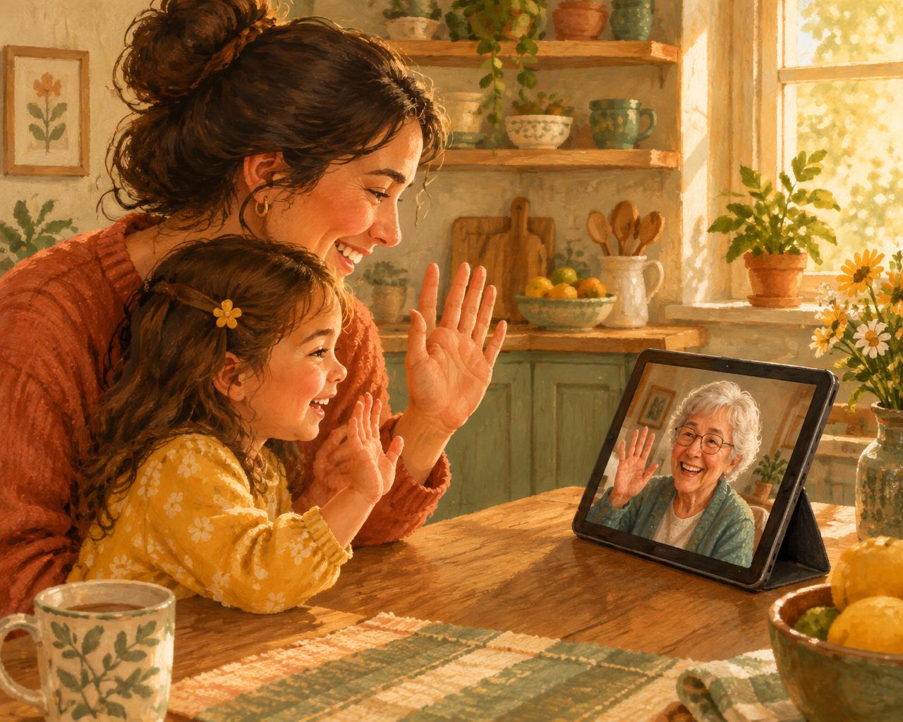 A mother and daughter waving to grandma on a video call