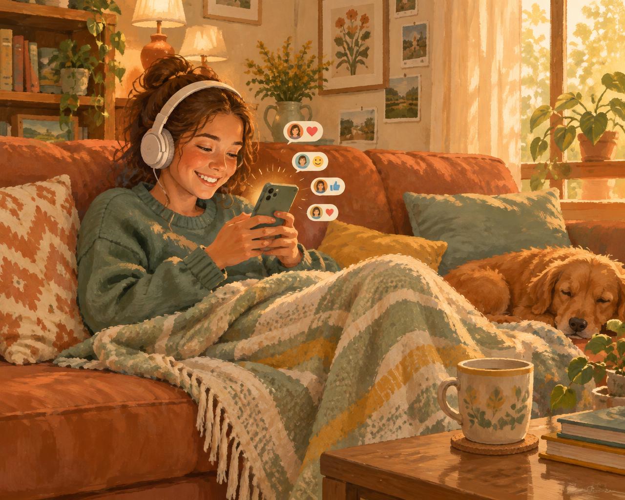 A teenager on the sofa with headphones, smiling at messages from friends